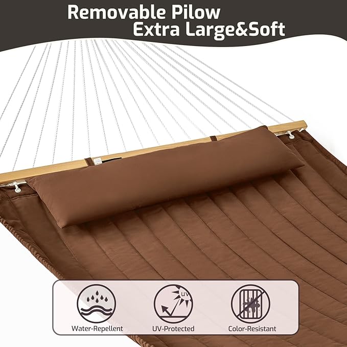 Double Quilted Fabric Hammock with Hardwood Spreader Bars and Pillow 450 LBS Capacity 2 Person Large Hammock for Outdoor Patio Backyard Poolside - Brown CHULIM