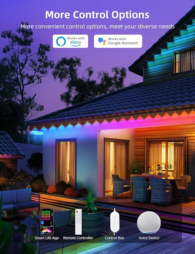 APPECK Permanent Outdoor Lights 50ft with 36 RGBW LEDs, 111 Scene Modes, Eaves Lights with 40lm Warm White, for Daily Holiday House Decor, App/Voice/Remote Control, White APPECK