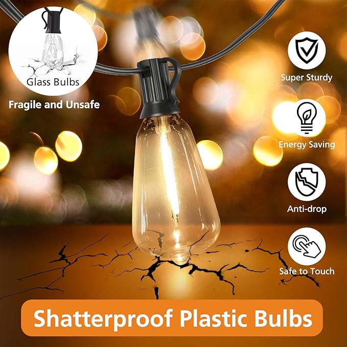 Brightever 150FT Outdoor Lights with Remote, 2700K/4000K/5000K Selectable LED String Lights for Outside with 75+2 ST38 Shatterproof Edison Bulbs, 3 Modes Dimmable Waterproof Hanging Lights for Patio Brightever