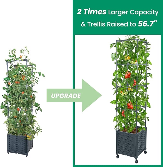 GREEN MOUNT Raised Garden Bed Planter Boxes with Trellis for Climbing Vegetables Plants, 56.7" Tomatoes Planters Outdoor Tomato Cage w/Wheels GREENMOUNT
