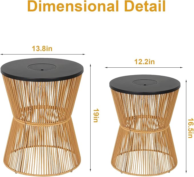 HMVPL Solar Outdoor Side Table with Dimmable Light, Patio Side Tables for Outside, Round Outdoor End Tables Set of 2, Plastic Rattan Patio End Accent Table for Poolside Backyard Gazebo, Dusk to Dawn HMVPL