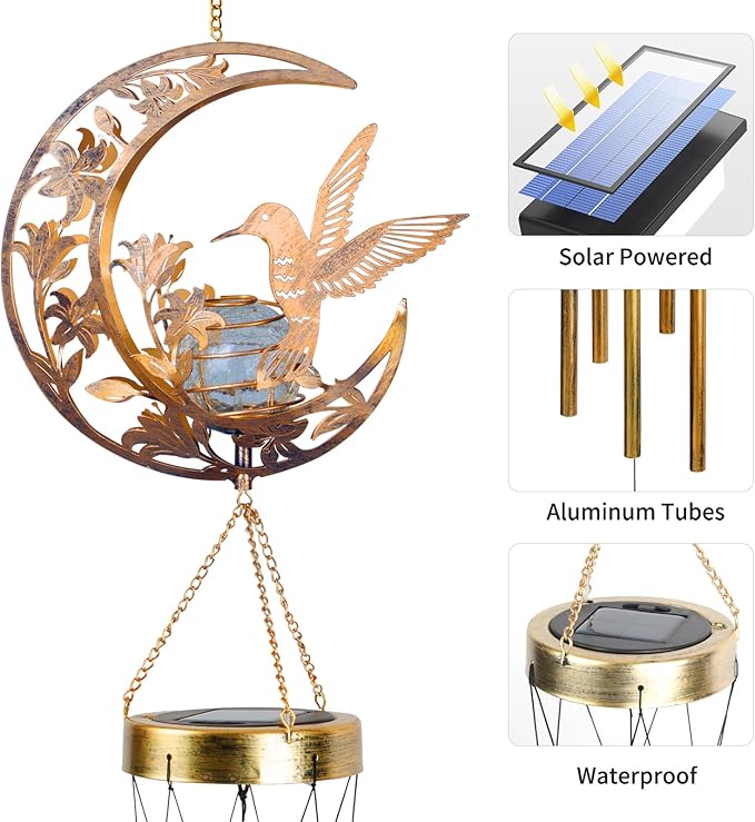 Moon Hummingbird Wind Chime Outdoor, Handcrafted Metal Garden Wind Chimes with Hummingbird Charms, Melodic Wind Bells for Patio Porch Decor, Weatherproof Gift for Nature Lovers & Bird Watchers ShangTianFeng