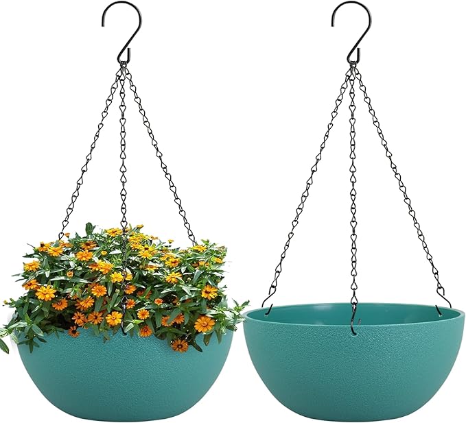 10 inch Hanging Planters for Outdoor Indoor Plants with Drainage Holes and Chain, 2 Pack Round Hanging Flower Pots for Garden Home Porch Decor, Blue Green WSMKSZ