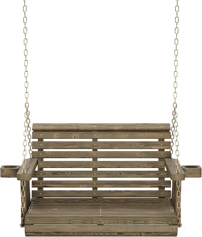 Amish Casual 3 Foot Roll Back Porch Swing with Cup Holders in Dark Walnut Stain - Amish Made in The USA from Treated Pine Heavy Duty 700 Lb. Weight Capacity AmishCasual