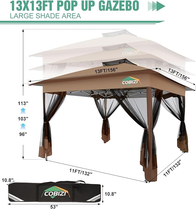 COBIZI 13x13 Pop Up Gazebos On Clearance Canopy Tent- Upgrade Metal Outdoor Canopy Waterproof - Portable Gazebo with Mosquito Nettings, 4 Ropes 8 Stakes and Carry Bag for Patio Garden(Brown) COBIZI
