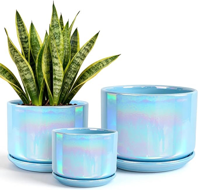 EFISPSS Ceramic Planter 4+5+6 Inch Ceramic Flower pots for Indoor Plants with Drainage,for Succulent Cactus,Garden Planters,Modern Decorative for Home Blue Pearl Glaze Plant Pots EFISPSS