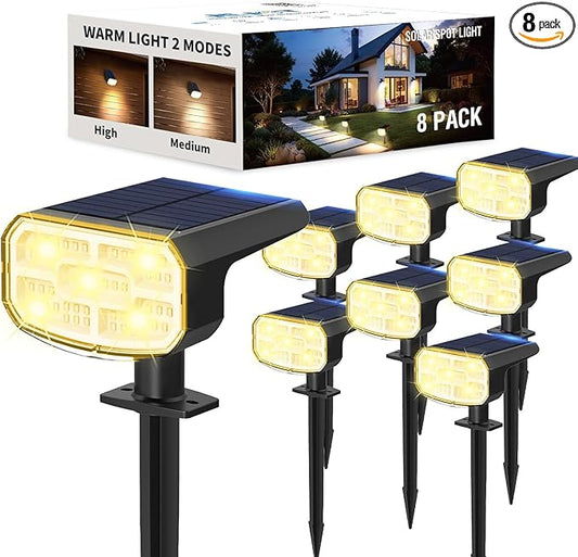 Solar Lights Outdoor Waterproof IP65, Super Bright LED, 3000K 2 Lighting Modes, Solar Powered Yard Garden Solar Spot Lights for Outside Landscape Auto On/Off -8 Pack JEJOT