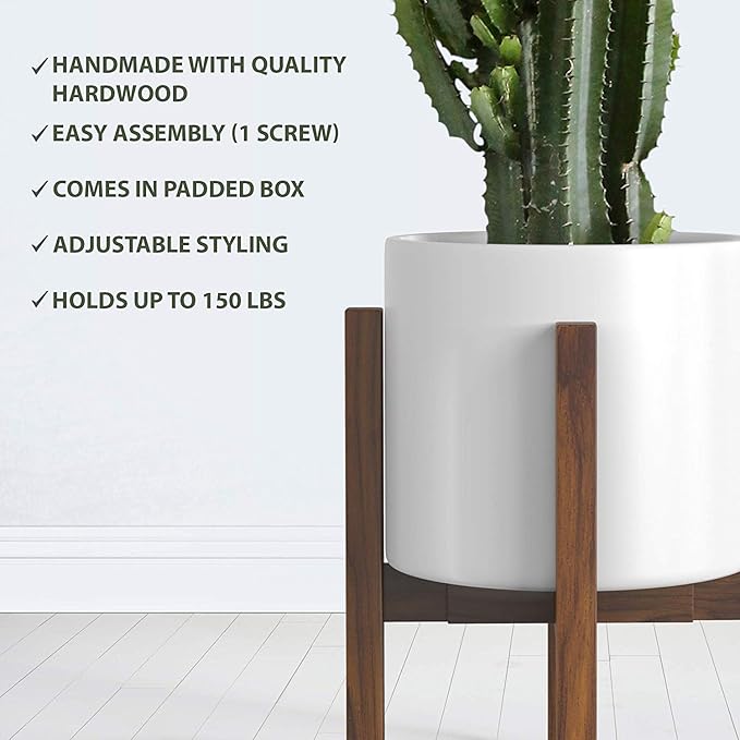 Mid Century Plant Stand - Solid Wood Item Stand Handmade with Acacia - Fits Medium & Large Pots Sizes 8 to 12 inches (Not Included) (Adjustable Width: 8-12 inches, Dark Brown) Sophia+Mills