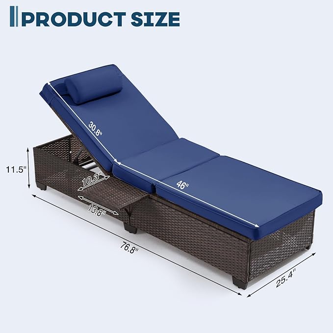 Outdoor Lounge Chairs, Pool Lounge Chairs Set of 2, Outdoor Chaise Lounge with Adjustable Backrest & Cup Holder,Light Navy Blue Cushion YALISSEY