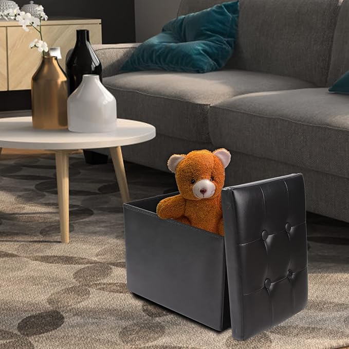 ALASDO Storage Ottoman Footrest Stool Small Ottoman with Storage Foldable Ottoman Leather Foot Rest Footstool Bench for Living Room 17x13x13inches Black ALASDO