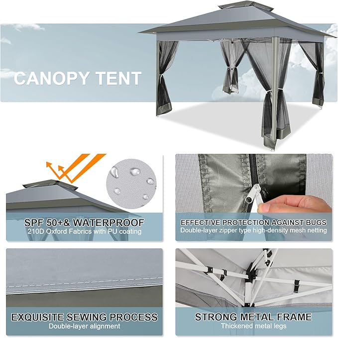 COBIZI 12x12 FT Pop up Gazebo on Clearance Outdoor pop up Canopy Tent,carpas para Patio, Shelter Tents with Sandbags & Portable Carry Bag, Patio Gazebos for Camping, Garden & Lawn, Darkgrey(Upgraded) COBIZI