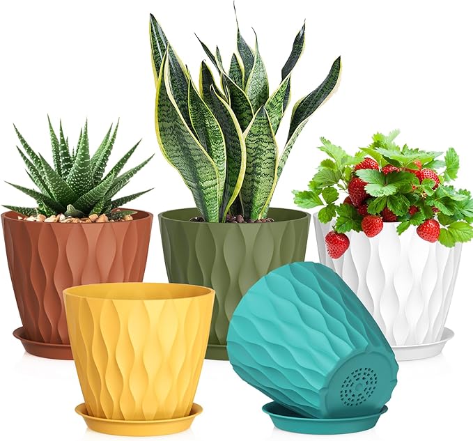 7 inch Plant Pots for Indoor Outdoor Plants, 5 Pack Thick Nursery Pots with Drainage Holes and Saucers, 3D Modern Wave Texture Plastic Planter Pots for Flowers and House Plants, Multicolor Meowell