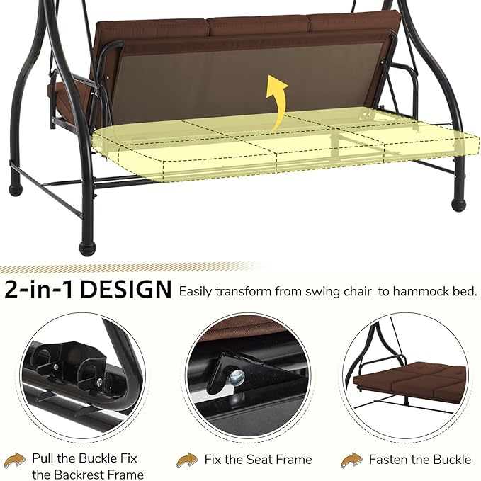 U-MAX Porch Swing Chair with Adjustable Backrest&Canopy, 3 Seat Patio Swing with Canopy 2-in-1 Convertible Outdoor Swing with Canopy Patio Daybed with Removable Brown Cushions for Adults U-MAX