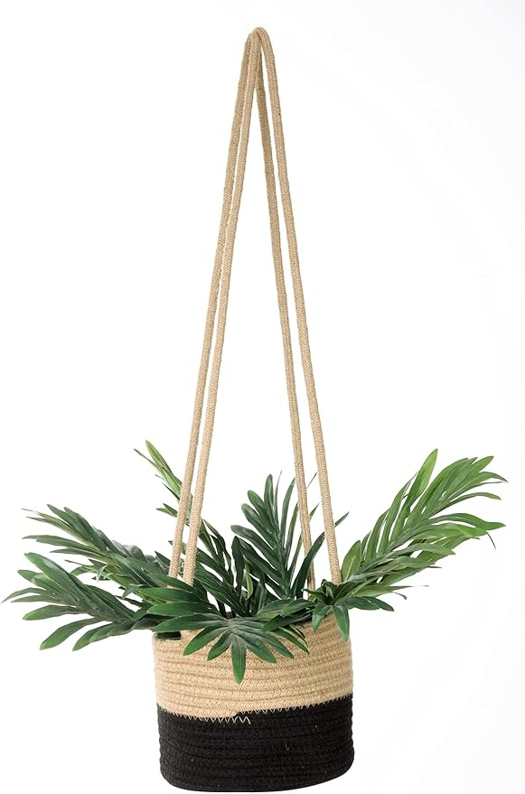 Hanging Planter Basket Jute Rope Woven Plant Hangers Indoor Hanging Plant Holder Up to 7" Pot Macrame Modern Storage Organizer Home Decor (Jute-Black) RUIZHIXUAN