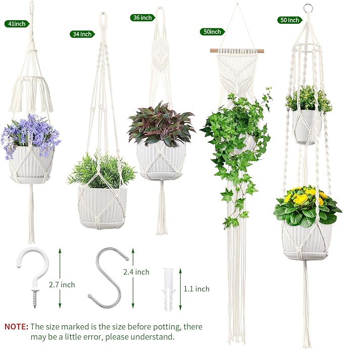 Macrame Plant Hangers, 5Pack Hanging Planters for Indoor Plants w/ 5 Set Hooks Handmade Cotton Rope Hanging Plant Holders Plant Hanger Indoor for Boho Home Decor (Planter Pot Not Included) TAOZIM
