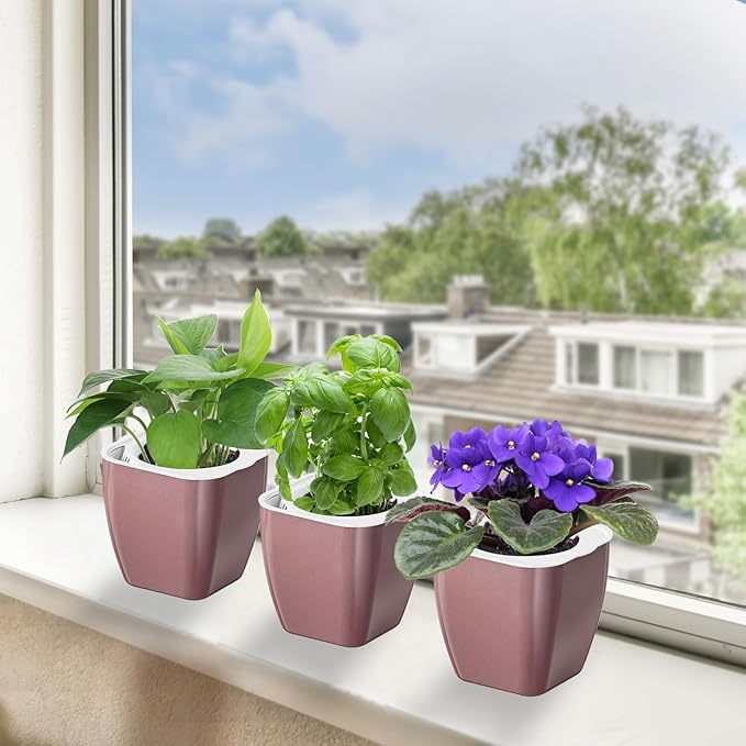 8 Pack Self Watering Pots 4-inch Decorative Flower Planters for Indoor Plants Modern Square planters for Small Plants Window Sill Planters for Succulents, African Violets, Herbs(Rose Gold) Oliz