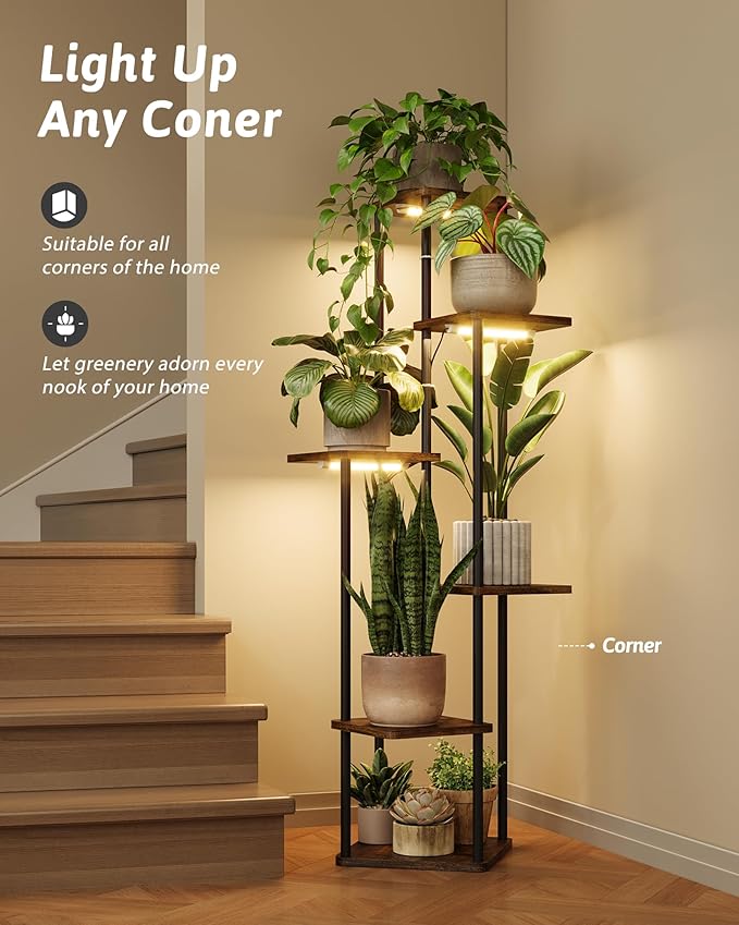 Corner Plant Stand Indoor 6 tiered plant shelf for Multiple Plants tall plant holder plant table metal shelving for Living Room Bedroom Balcony Patio Brown Oak with Light Gentingbro