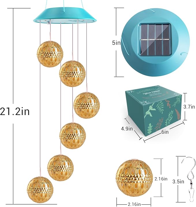 Toodour Solar Wind Chime, Color Changing Moroccan Ball Wind Chimes, LED Decorative Mobile, Gifts for Mom, Waterproof Outdoor Decorative Lights for Garden, Patio, Party, Yard, Outdoor Easter Decor Toodour