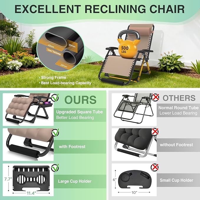 Suteck Oversized Zero Gravity Chair,29In XL Lounge Chair w/Removable Cushion&Headrest, Reclining Camping Chair w/Upgraded Lock and Footrest, Reclining Patio Chairs Recliner for Indoor Outdoor Suteck