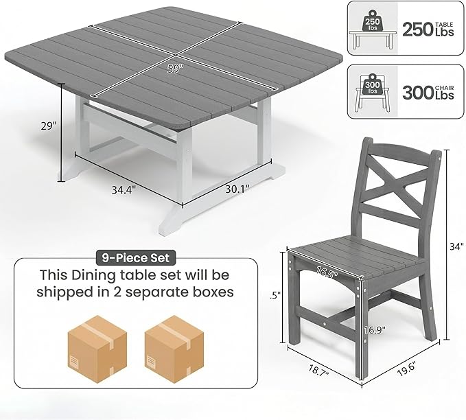 9-Piece Patio Dining Table Set, HDPE Outdoor Table and Chairs Set, All-Weather Outdoor Dining Set for 8 with Umbrella Hole, Durable Patio Furniture Set with Chairs,White Grey Rootora