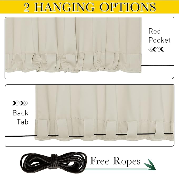 NICETOWN 2 Panels Outdoor Curtains for Patio Waterproof & Windproof, Thermal Insulated Top & Bottom Grommet & Back Tab Sun Blocking Outdoor Drapes with Fixed Rope for Gazebo, Beige, W66 x L90 NICETOWN