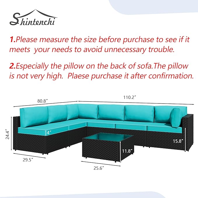 Shintenchi 7 Pieces Outdoor Patio Sectional Sofa Couch,PE Wicker Furniture Conversation Sets with Washable Cushions & Glass Coffee Table for Garden, Poolside, Backyard (Blue) Shintenchi