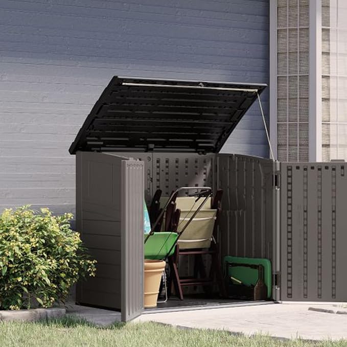 Suncast 34 Cu Ft Horizontal Resin Storage Shed - Outdoor Storage Shed with Floor Included, Lockable, Weatherproof, Fits Small to Medium Trash Cans, Generators, & Garden Tools, Stoney Black Suncast