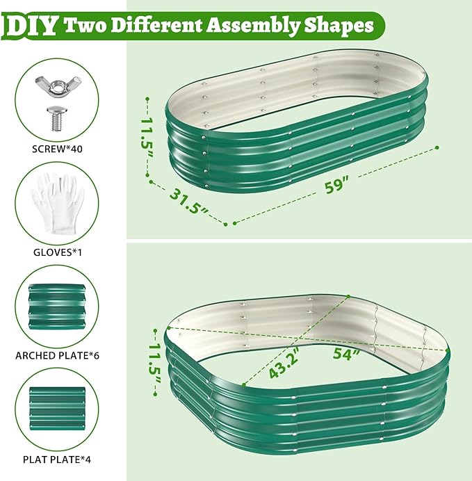 Oval Galvanized Planter Box, Metal Raised Garden Bed - 0.8MM Thick- Ideal for Outdoor Gardening and Planting of Vegetables Flowers Fruits Succulent Plants and Others (Green, 5X2.7X1 FT) TBMLC