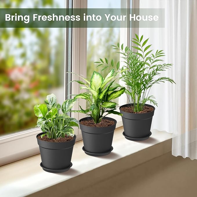 20 Pack 6 Inch Plant Pots with Drainage and Saucers, Black Plastic Flower Pots for Indoor and Outdoor Plants, Stackable Nursery Planters for Houseplants and Herbs, Black SwinDuck