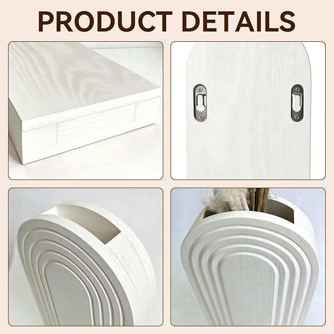 2 Pack Wooden Wall Vase Set, Boho Hanging Planter for Indoor Plants & Flowers, Wood Wall-Mounted Planters for Living Room, Modern Farmhouse Entryway or Bathroom, Rustic Art for Home (White) Rootora