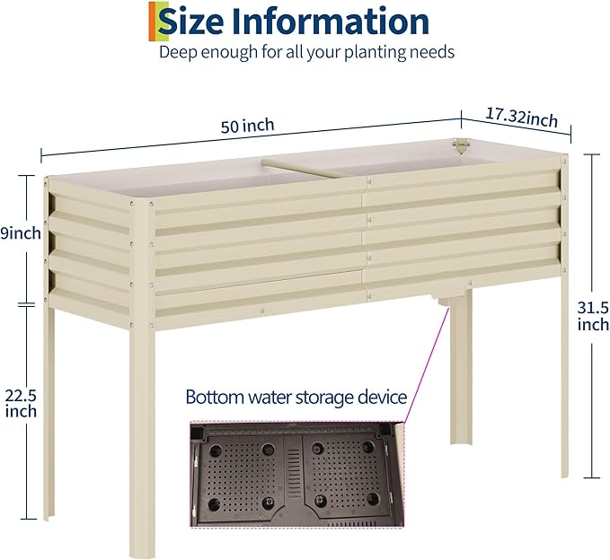 Galvanized Raised Garden Bed with Legs&Water Storage - 50×32×17 in Metal Planter Box, Outdoor Raised Garden Beds Gardening, Durable Planter Raised Beds, Sturdy Planters for Outdoor Plants (Beige) GarveeLife