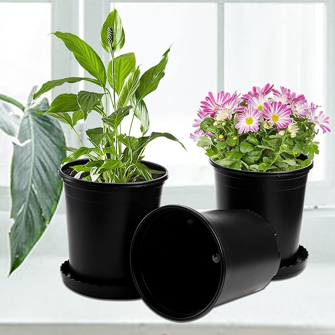 Fasmov 10PCS 1 Gallon Durable Nursery Pot Garden Flower Pots Nursery Plant Container Kit with 10 Pcs Matching Pallets, Black Fasmov