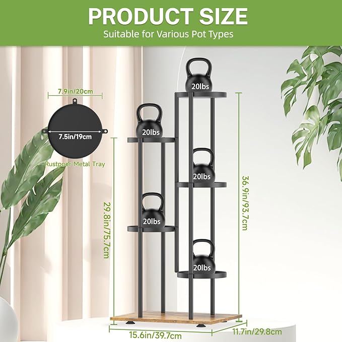 iDavosic.ly 5 Tier Plant Stand Indoor Outdoor, Tiered Corner Multiple Flower Pot Holder Shelf, Metal 37 Inch Tall Display Rack for Patio Porch Living Room Garden Balcony, Modern Black & Rustic Brown iDavosicly