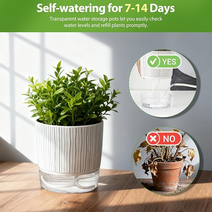 3 Pack Self Watering Pots for Indoor Plants, 4+5.5+6.3 Inch Self Watering Plant Pots, Flower Pots with Wick Rope and Reservoir - Black Stripes Samhe