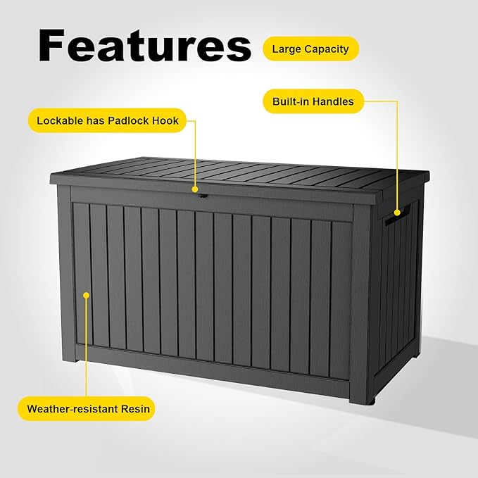 280 Gallon Resin Deck Box, Lockable Weatherproof Outdoor Storage Box for Furniture, Garden Tools and Tools Storage, Waterproof Outside Storage Boxes - Black OutdoorLivingPerfected