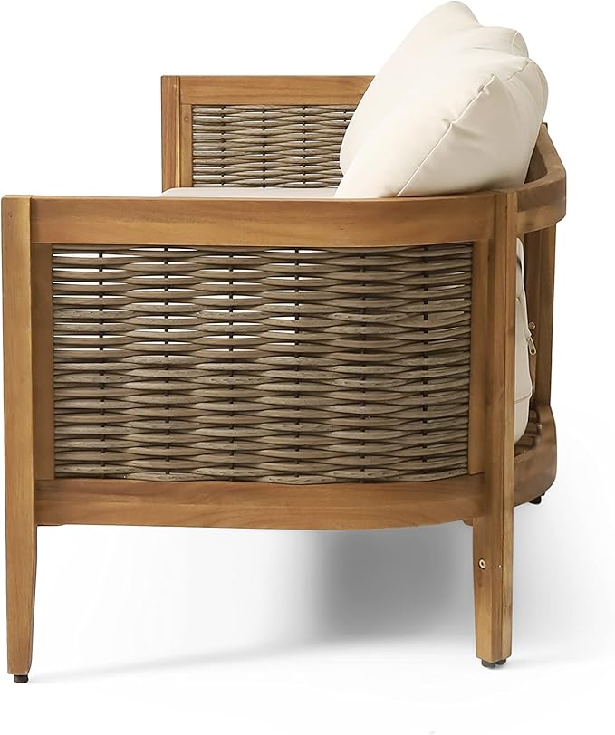 Merax 76.5" Outdoor Acacia Wood Wicker 3 Seater Sofa, Patio Furniture Couch for Backyard Merax