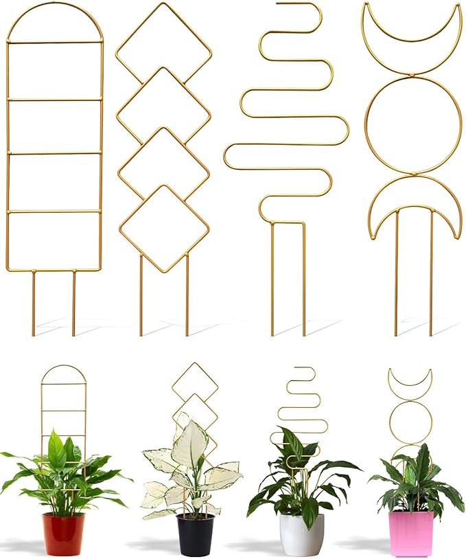 4 Pack Trellis for Climbing Plant Indoor, Small Metal Garden Trellis for Potted Plants Outdoor, Stake Mini Houseplant Trellis Support for Hoya, Vines, Pothos, Monstera (Gold) Rootora
