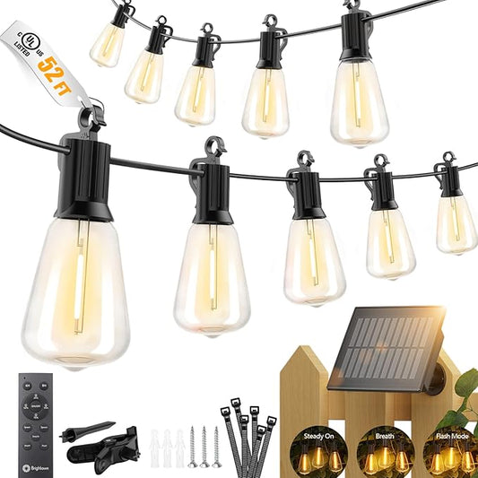 Brightown 52FT Solar String Lights Outdoor Waterproof, Patio Lights with Remote and 15+1 LED Shatterproof Bulbs, Dimmable & Timable, 3 Light Modes, Solar Lights Outdoor for Yard Garden Camping Party Brightown