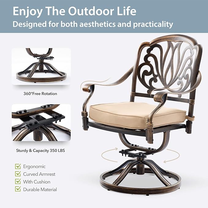 7-Piece Cast Aluminum Patio Furniture, Patio Dining Set for 6 Include 54" Round Outdoor Dining Table and 6 Swivel Chairs with Cushions & Umbrella Hole (Bronze) Rootora