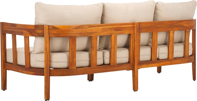 SAFAVIEH Outdoor Collection Owen Acacia Solid Wood Natural/Taupe Cushion 3-Seater Sofa SAFAVIEH