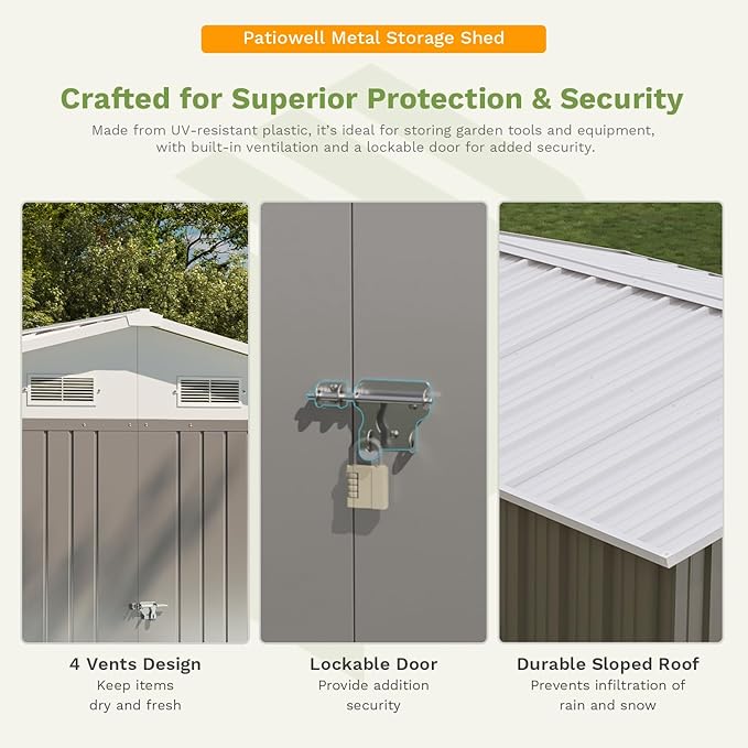 Patiowell 10 x 12 FT Metal Storage Shed for Outdoor, Steel Yard Shed with Design of Lockable Doors, Utility and Tool Storage for Garden, Backyard, Patio, Outside use, Gray Patiowell