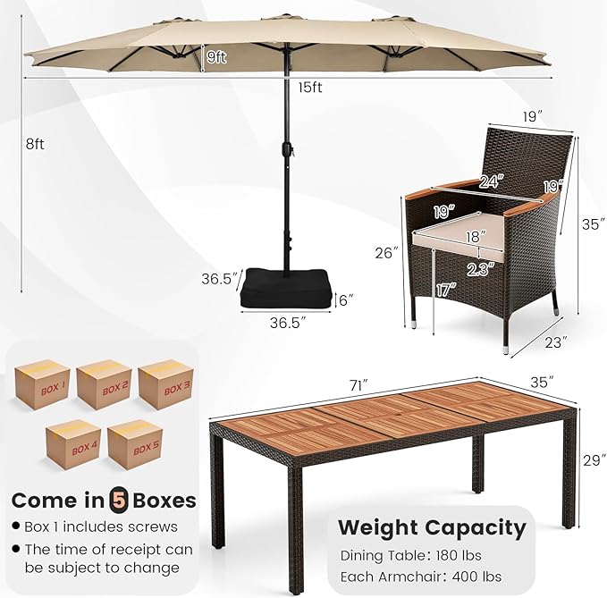 Tangkula 11 Piece Rattan Outdoor Dining Set with 15Ft Patio Umbrella for 8, Outdoor Wicker Table Set with 8 Cushioned Armchairs, Acacia Wood Top, Outdoor Umbrella with Base Included TANGKULA