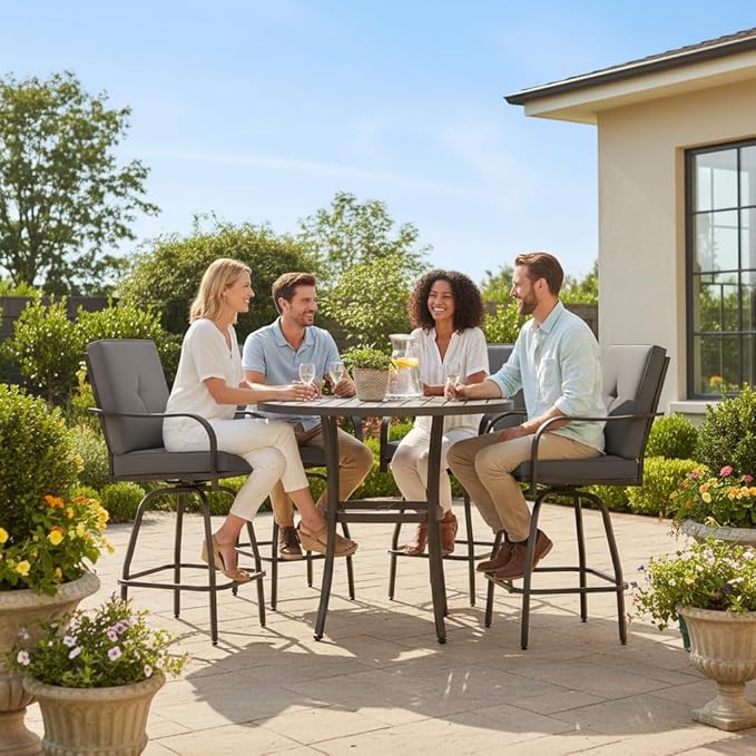 Patio Swivel Bar Stools Set of 4, Outdoor Bar Height Swivel Chairs with Cushions for Garden Balcony Backyard, Grey STRPRETTYBASIC