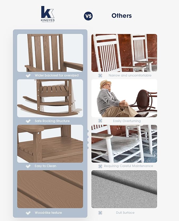 KINGYES Oversized Outdoor Rocking Chair Set of 2, All-Weather Patio Rocking Chairs for Porch, HDPE Outdoor Patio Rockers with High Back & Wide Seat for Garden, Lawn, Brown KINGYES