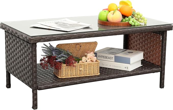 Outdoor Wicker Coffee Table Patio Furniture Garden Rattan 2-Layer Glass Table with Storage and Furniture Cover, Brown Rattaner