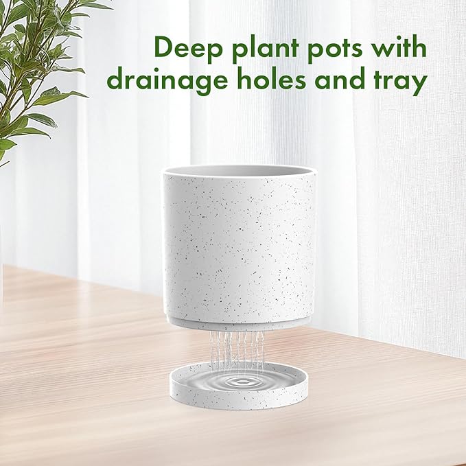 8/7/6 inch Flower Pots, 3 Set Cylindrical Plant Pots for Outdoor Indoor Plants, Decorative Plastic Planters with Drainage Holes and Saucers for Garden House Plants, White with Black Speckles Meowell