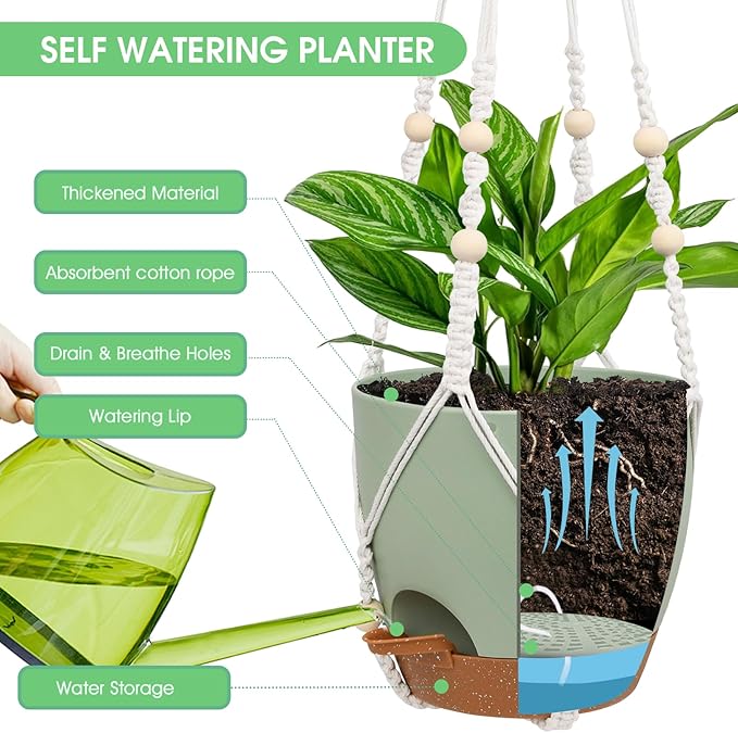 Hanging Planters for Indoor Outdoor Plants, 2 Pack Self Watering Hanging Pot with Drainage Holes, Removable Tray & 2 Kinds of Plant Hangers, 8'' Hanging Flower Pots for Home Garden Decor, Green Vanslogreen
