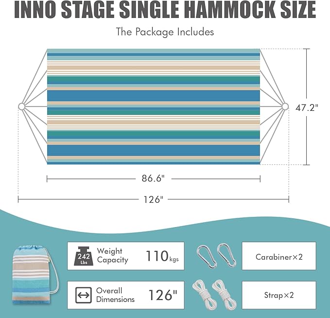 Brazilian Hammock with Tree Straps - Canvas Hammocks Portable Hammock with Carry Bag for Backyard, Porch, Outdoor and Indoor Use Blue & Green INNOSTAGE