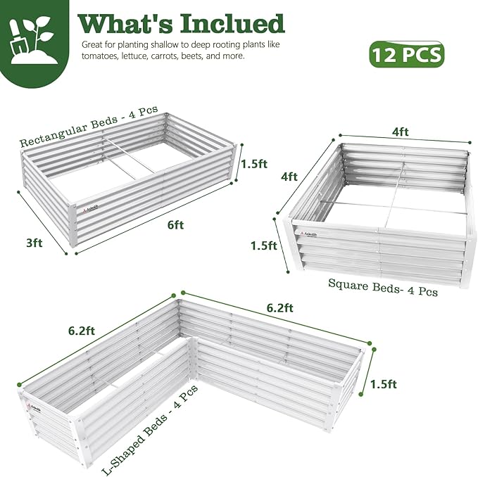 A ANLEOLIFE Set of 12 18 Inch Tall Raised Garden Beds Kit, L-Shaped, Square & Rectangular Metal Planters for Flexible Backyard Layouts, Antique White AAnleolife