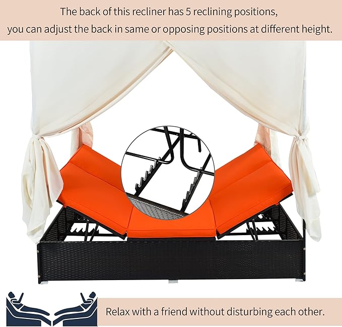 Patio Chaise Lounge, PE Rattan Outdoor Patio Wicker Sunbed Daybed with Adjustable Seats, Four-sided Canopy, Overhead Curtain and Orange Cushions for Backyard, Garden, Poolside (for 2-6 people) HarperBrightDesigns